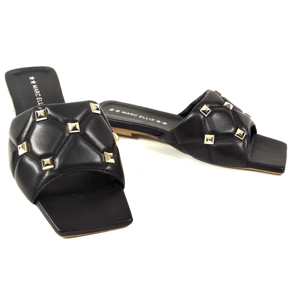 MARC ELLIS 🇮🇹 WOMEN'S BLACK LEATHER FASHION FLAT SUMMER MULES